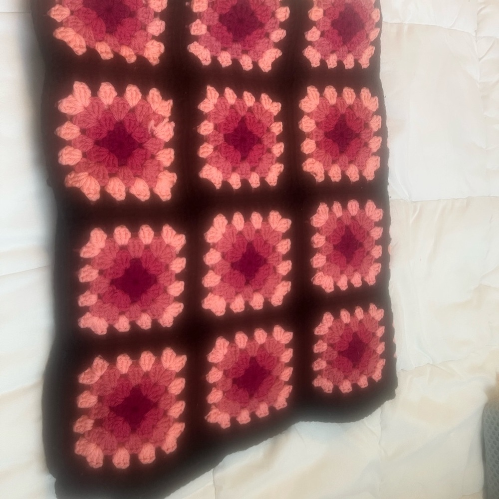Handmade Granny Square Crochet Blanket with Pink and Black Squares